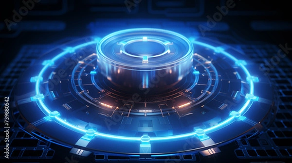 Fototapeta Microchip core radiating with blue energy image background. Futuristic technology close up picture. Computer hardware closeup photo backdrop. Data processing. Advanced computing concept