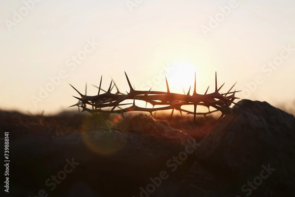 Obraz Calvary hill Golgotha cross of Jesus Christ crown of thorns symbolizing passion and suffering silhouette, lent easter background
