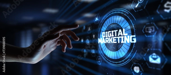 Fototapeta DIgital marketing online internet SEO SEM SMM. Hand pressing button on screen.