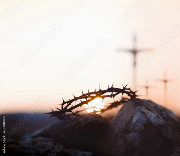 Obraz Calvary, Golgotha Hill, Jesus Christ's cross and crown of thorns, Jesus' passion and great trials during Passion Week, Lent and Easter background

