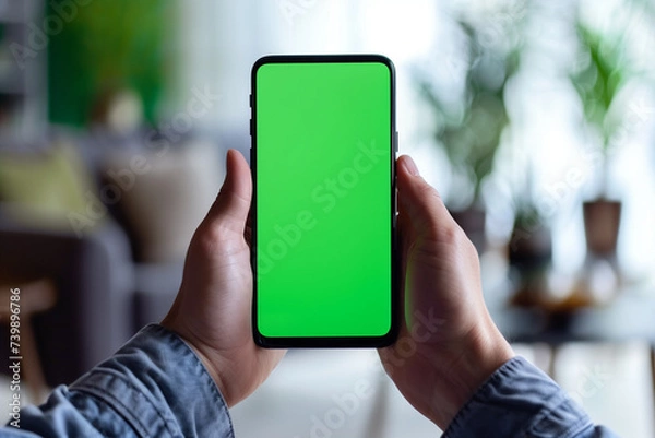 Fototapeta Close-up of hands holding smartphone with green screen, ideal for app mockups.