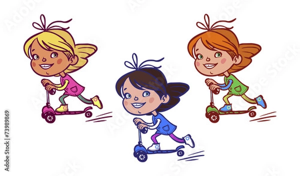 Obraz Funny vector cartoon Girl on scooter. vector illustration