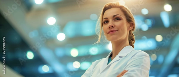 Obraz Portrait of smiling female doctor nurse, wearing uniform, he stands confidently in the corridor with arms crossed