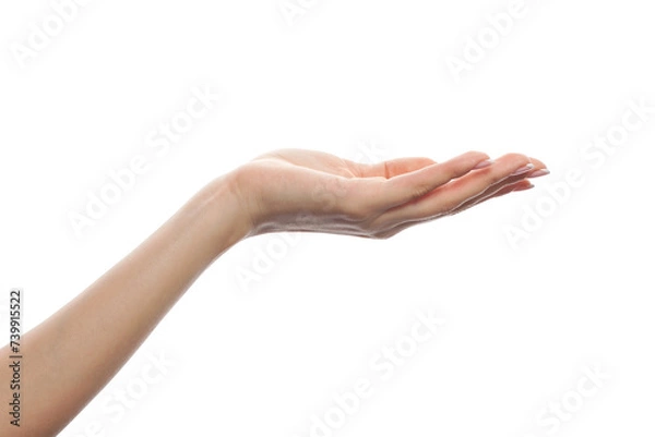 Fototapeta Empty open female palm hand isolated on white background. Advertising marketing or product placement concept