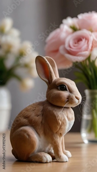 Fototapeta Photo Of A Brown Rabbit Figurine Sitting On Top Of A Table Next To A Vase Filled With White And Pink Flowers.