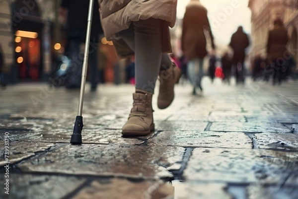 Fototapeta An independent visually impaired person gracefully navigating the urban landscape with guidance. Concept Independence, Visually Impaired, Urban Navigation, Graceful, Guidance