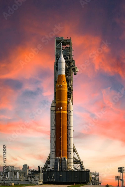 Fototapeta Orion spaceship on dramatic sky background. Mission to the Moon. Artemis space program to research solar system. Elements of this image furnished by NASA.