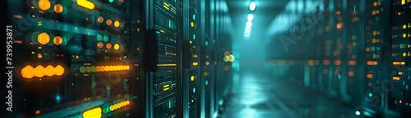 Obraz Close up on server rack LEDs in a dark data center data flow