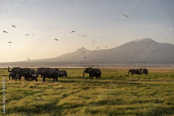 Fototapeta Sunrise Safari with Elephants and Cattle Egret in front of Kilimanjaro Mountain in Amboseli National Park, Kenya