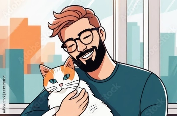 Obraz Handsome young man hugs cat