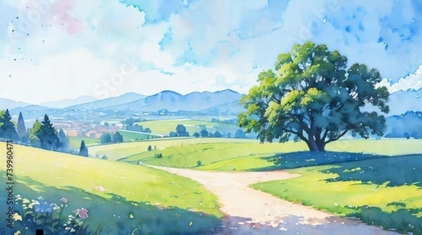 Obraz 水彩画背景_日本の田舎の景色_01