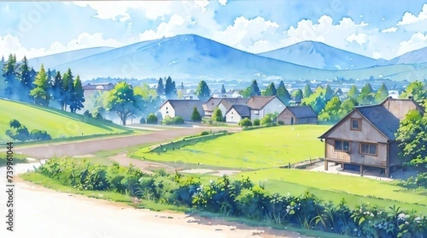 Obraz 水彩画背景_日本の田舎の景色_03