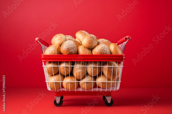 Fototapeta Grocery cart filled with bread, on a red background
