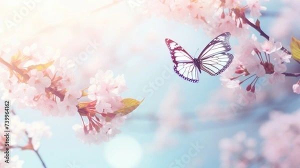 Fototapeta A beautiful butterfly flies in a blooming spring apple orchard against the background of a blue sunny sky.