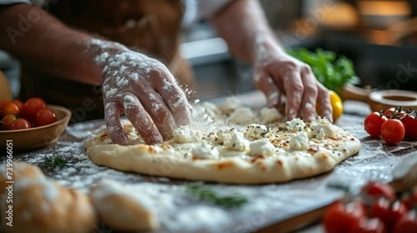 Fototapeta Artisanal Pizza Creation: Capturing the hands of a chef skillfully stretching pizza dough with flour in the air, conveying the artistry of pizza-making.