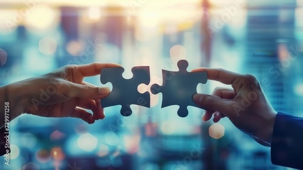 Fototapeta two hands connecting puzzle pieces against a defocused cityscape, symbolizing problem solving and teamwork in a business context.