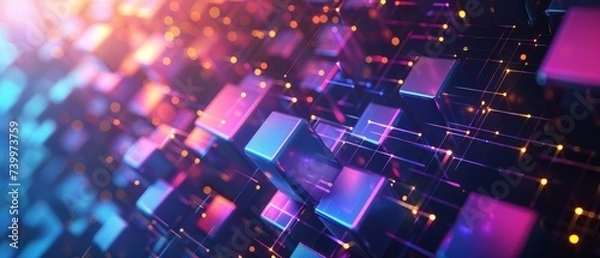 Fototapeta Futuristic technology abstract background with lines and cubes, big data, data center, server, internet, speed. Fantastic wallpaper abstract neon lights into digital technology. Generative ai