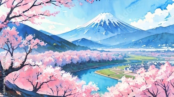 Obraz 水彩画背景_日本の富士山と桜_01