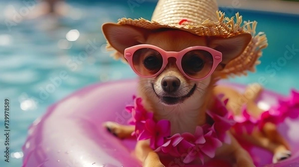 Fototapeta Hello Summer. Super cute chihuahua dog wearing straw hat and swimming in the pool. Ai generated image