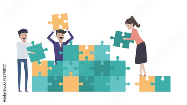 Obraz 抜群のチームワークで効率よくパズルを組み立てるビジネスチーム