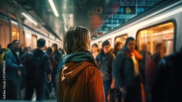 Fototapeta A woman stands on a busy subway train with people