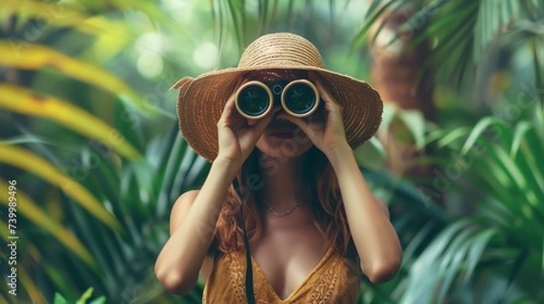 Fototapeta Hello summer. Woman tourist in the jungle. Ai generated image