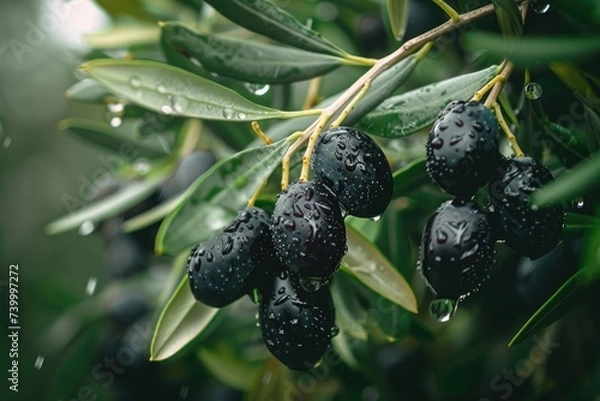 Fototapeta Ripe black olives on the tree with green leaves and water drops, close up view.