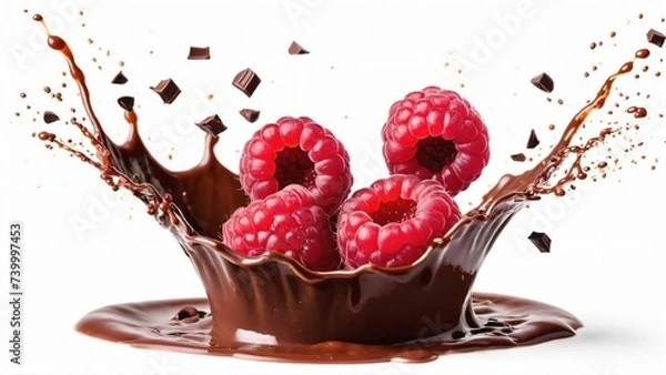 Fototapeta Raspberry with pieces and splashes of chocolate