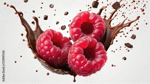 Fototapeta Raspberry with pieces and splashes of chocolate