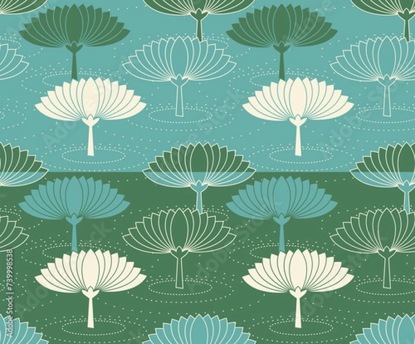 Obraz japanese style seamless pattern tile with lotus pond in blue green shades