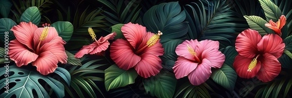 Obraz Watercolor tropical leaves pattern, featuring lush greenery and vibrant flowers, Background Image, Background For Banner