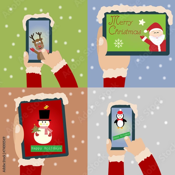 Fototapeta Merry Christmas and Happy New Year with smartphone and tablet