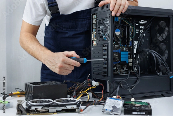 Fototapeta Closeup computer technician holding a screwdriver and repairing a pc.