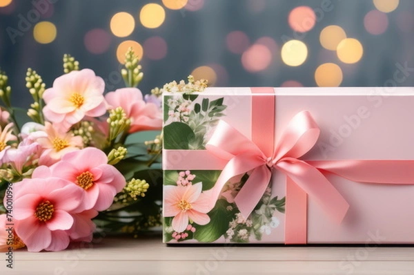 Fototapeta Gift Box Surrounded by Flowers and Bokeh