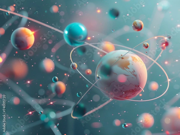 Fototapeta 3D render of a molecule with atoms like planets in orbit
