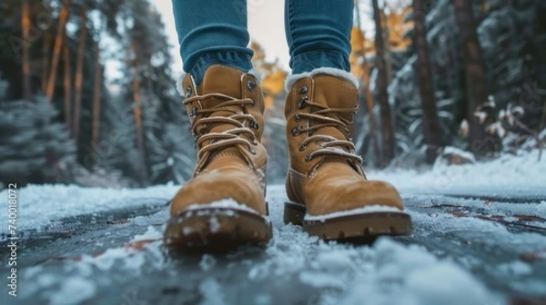 Fototapeta person with boots walking on a frozen street covered in snow in winter in high resolution and quality