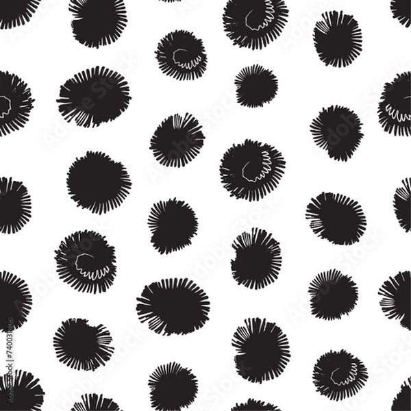 Fototapeta Hand painted black spots resembling sea urchins simple vector seamless pattern. Black polka dots on white background. Elegant art texture for printing on various surfaces or usage in graphic design 