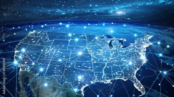 Fototapeta Digital map of the USA with glowing connections, symbolizing networking, communication, and technology.