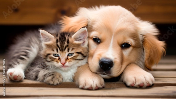 Fototapeta cute sleeping kitten with sleeping cat on the floor