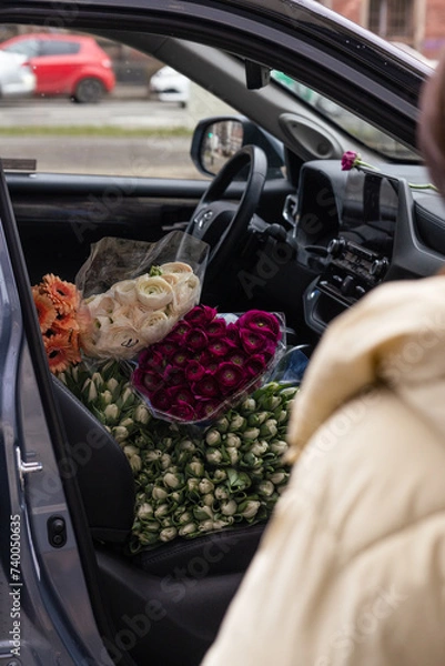 Obraz The car full of bright, colourful, beautiful flowers. The car full of different, colourful tulips.