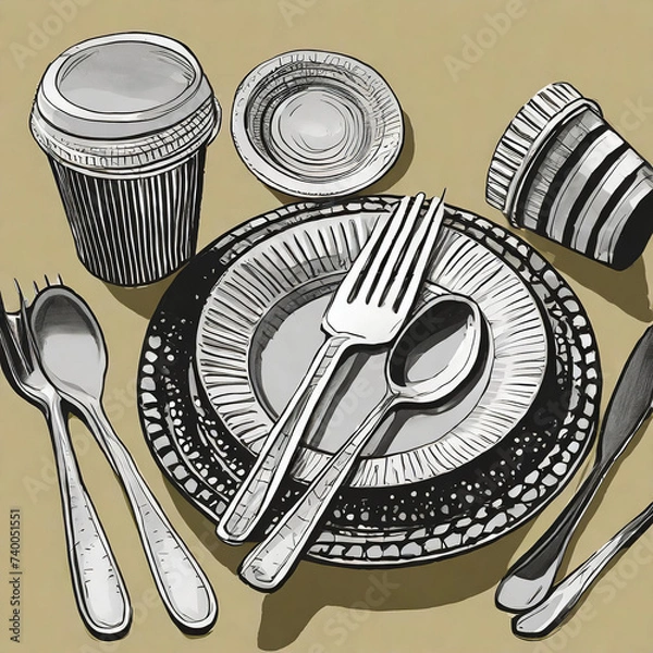 Fototapeta Set of disposable utensils like plate, folk, spoon,knife and cup on monochrome