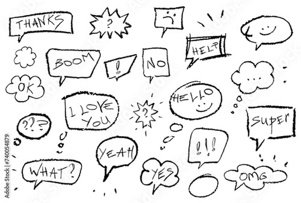 Fototapeta set of Vector speech bubbles. Speech bubbles set, Outline chat word design. Vector drawing with pencil texture, doodle illustrations.
Cartoon text bubble frame. 