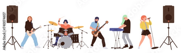 Obraz Rock group cartoon characters playing music instruments performing isolated on white background
