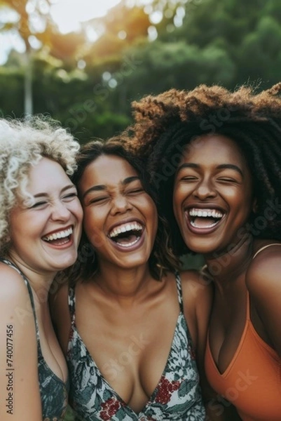 Fototapeta Close-up of three exuberant women of diverse ethnicities sharing a candid moment of joy, against a natural backdrop.