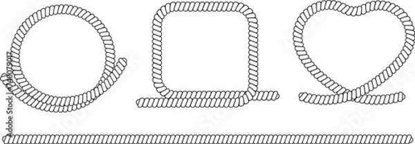 Fototapeta Marine rope frames set. Straight line rope. Circle, square, heart shape. Various monochrome nautical rope frame borders. Isolated. Vector marine twine elements for certificate, diploma design.