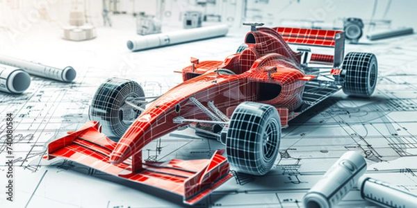 Fototapeta formula 1 car under construction on blueprints, building projects