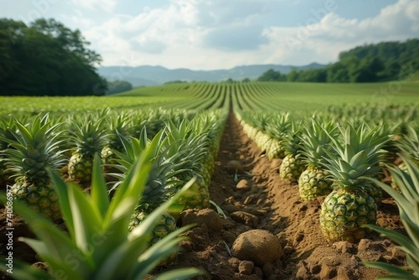 Obraz Pineapple plants lined up in a field under a clear blue sky.