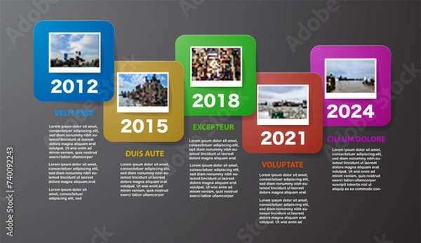 Obraz Vector Milestone with five color icons with photos and text.