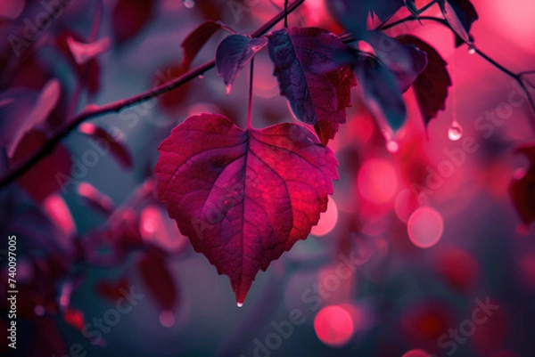 Fototapeta Red autumn leaves in the sun. Love is everywhere. A slide background for showcasing love. Background image. Created with Generative AI technology