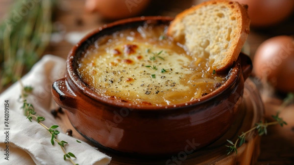 Fototapeta Depiction of a French onion soup (soupe à l'oignon gratinée) with cheese and bread.